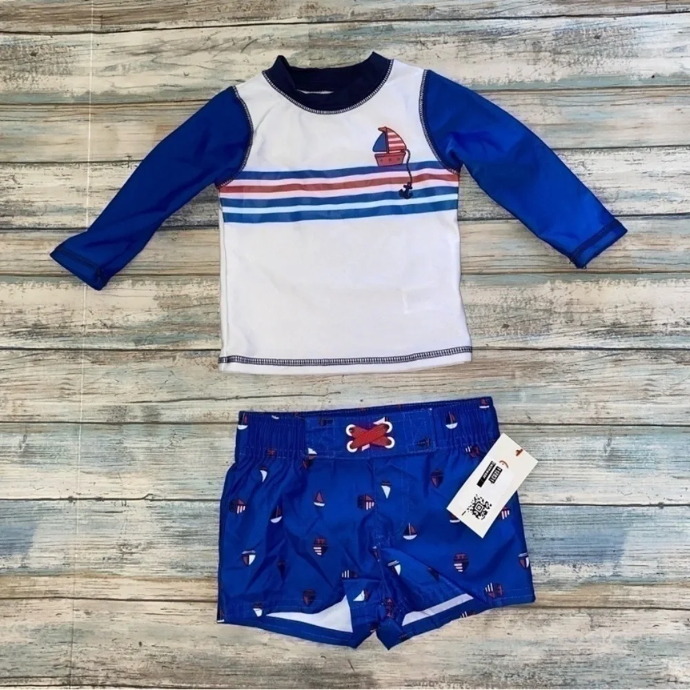 Cat & Jack Baby Boys Nautical Rash Guard Swim Set Sailboat 3-6M - Picture 2 of 5